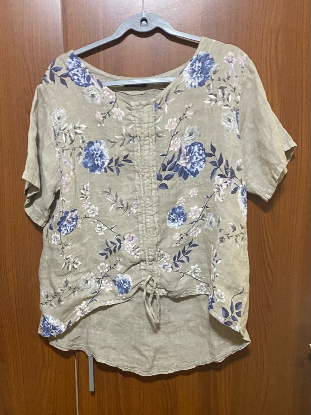 Beige Floral 100% Linen Drawstring Accent, relaxed summer Blouse Made in Italy